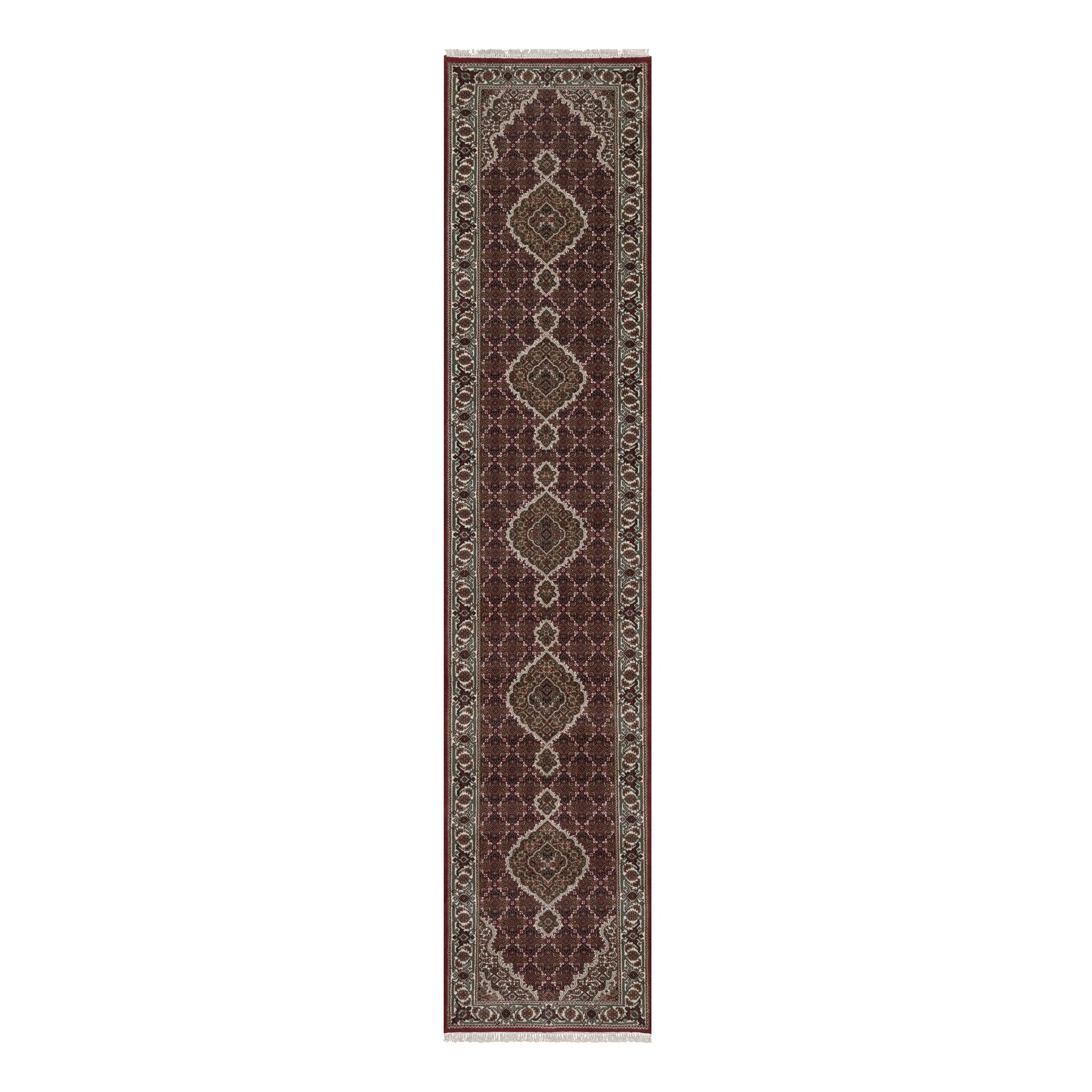 Rhubarb Red, Hand Knotted, Tabriz Mahi with Fish Medallions Design, 100% Wool, 175 KPSI, Runner, Oriental Rug
